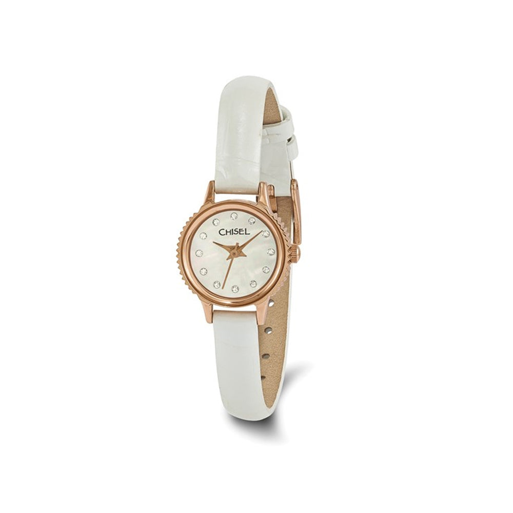 Ladies Chisel Rose Plated Stainless Steel White Dial Analog Watch with White Leather Strap Image 1