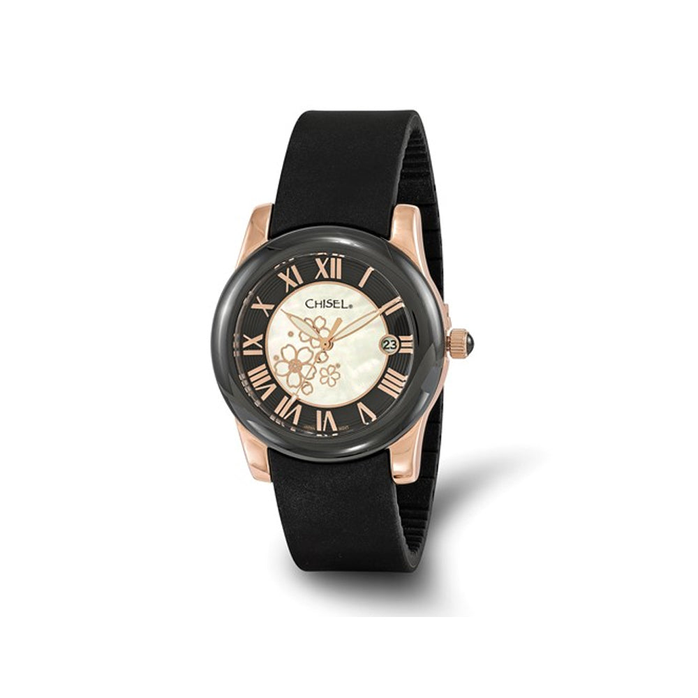 Ladies Chisel Black Rose Plated Dial Analog Watch with Black Rubber Strap Image 1