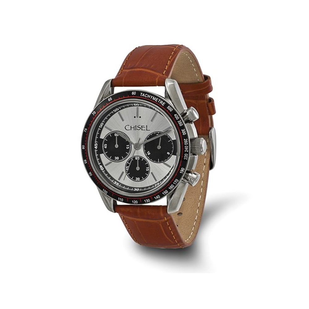 Chisel Stainless Steel Grey Dial Chronograph Watch with Leather Band Image 1