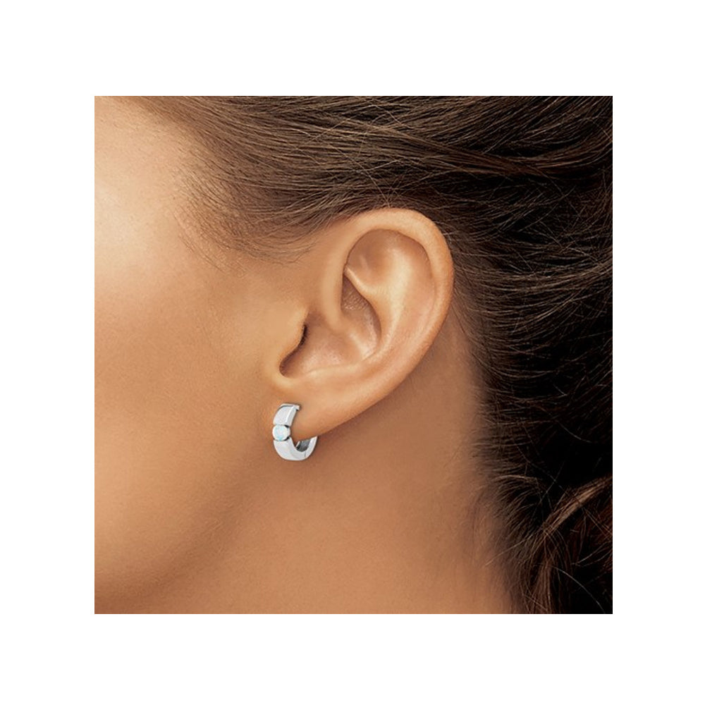 Sterling Silver Huggie Hoop Earrings with Lab Created Opals Image 3