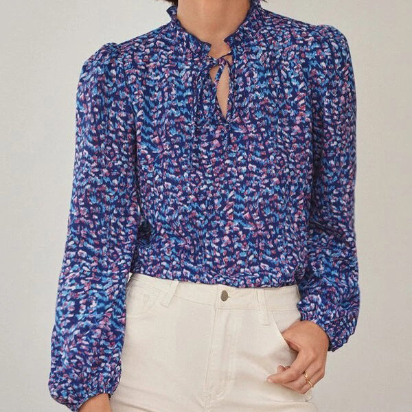 Allover Print Tie Neck Lantern Sleeve Blouse Image 1