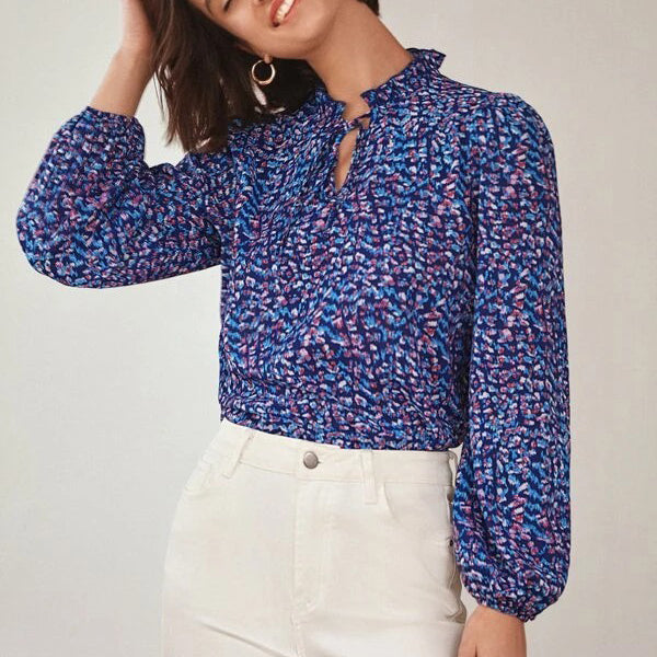 Allover Print Tie Neck Lantern Sleeve Blouse Image 4