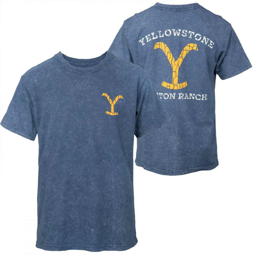 Yellowstone Dutton Ranch Distressed Logo Blue Front and Back T-Shirt Image 1