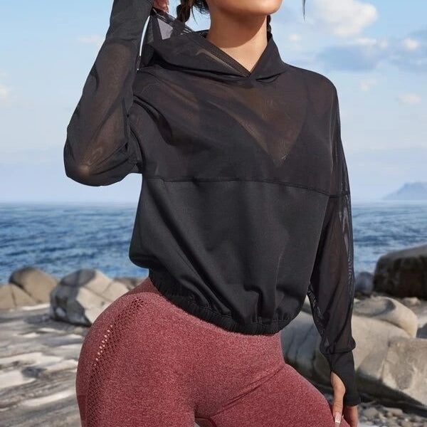 Drop Shoulder Thumb Holes Sports Hoodie Without Bra Image 3