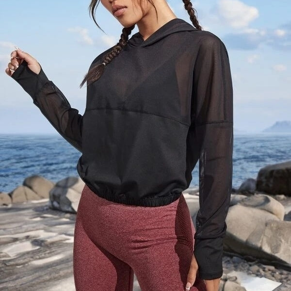 Drop Shoulder Thumb Holes Sports Hoodie Without Bra Image 4