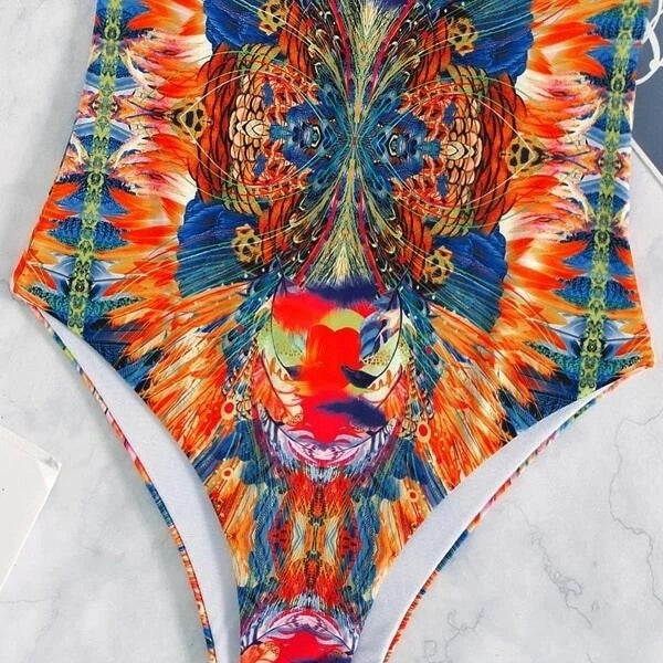 Allover Print Backless One Piece Swimsuit Image 4