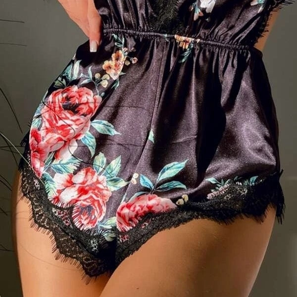 Floral Print Lace Trim Satin Teddy Bodysuit Image 3