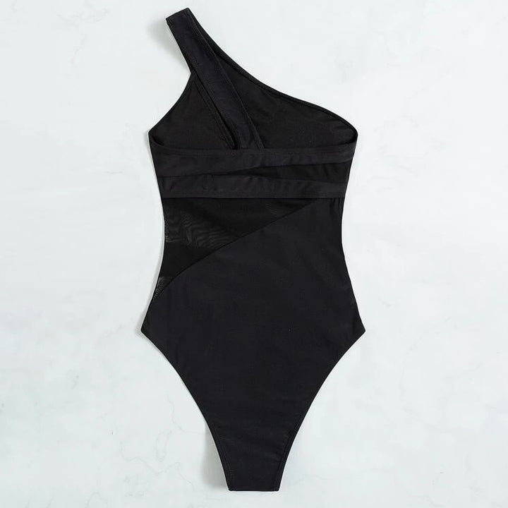 Plain Contrast Mesh One Shoulder One Piece Swimsuit Image 2