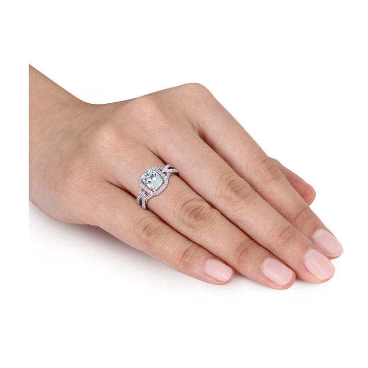 1.12 Carat (ctw) Aquamarine Cushion-Cut Ring in 10K White Gold with Diamonds Image 3