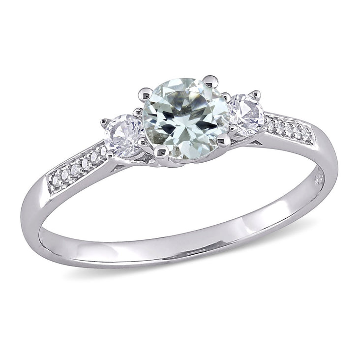 1.05 Carat (ctw) Aquamarine and Lab-Created White Sapphire Ring with Accent Diamonds in 10K White Gold Image 1
