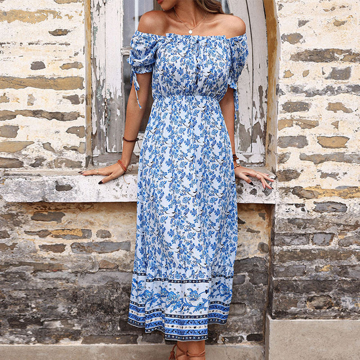 Slim Vintage Print High Waist Off Shoulder Dress Image 2