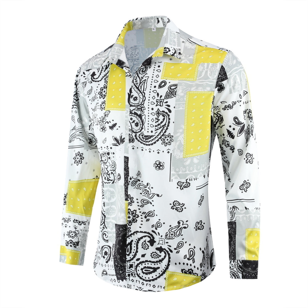 Men Shirt Casual Long Sleeve Slim Fit Lapel Spring Autumn Turn Down Collar Streetwear Cashew Flower Print Blouse Image 2