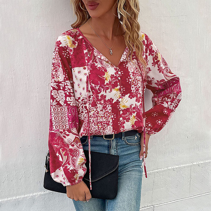 Fashion Lace Up Long Sleeve Flower Print Shirt For Women Image 1