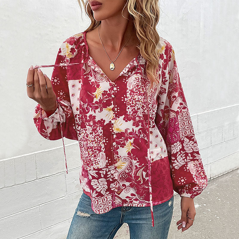 Fashion Lace Up Long Sleeve Flower Print Shirt For Women Image 2