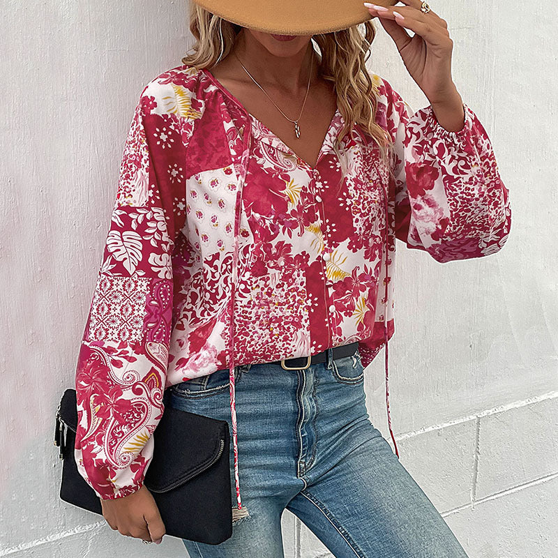 Fashion Lace Up Long Sleeve Flower Print Shirt For Women Image 4