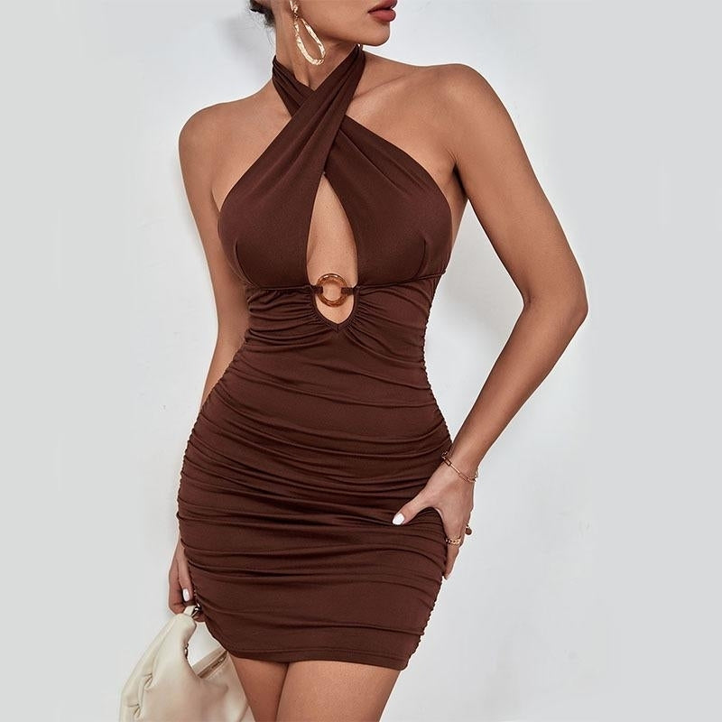 Solid Color Cut-out Sexy Dress Image 4