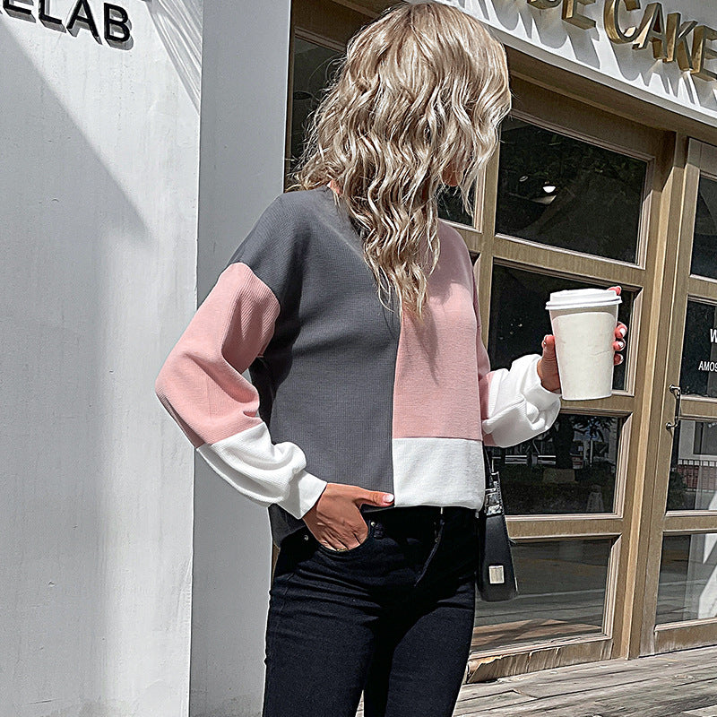 Splice Knitted Top Long-sleeved Color-block Knitted Sweater For Women Image 3