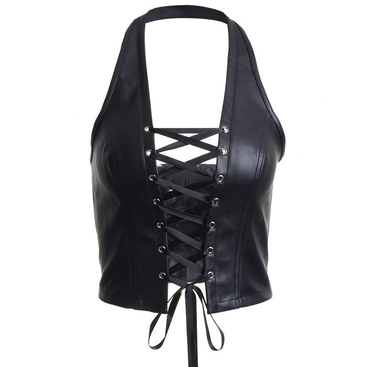 Sleeveless Cardigan Sexy Neck Strap PU Vest Image 4