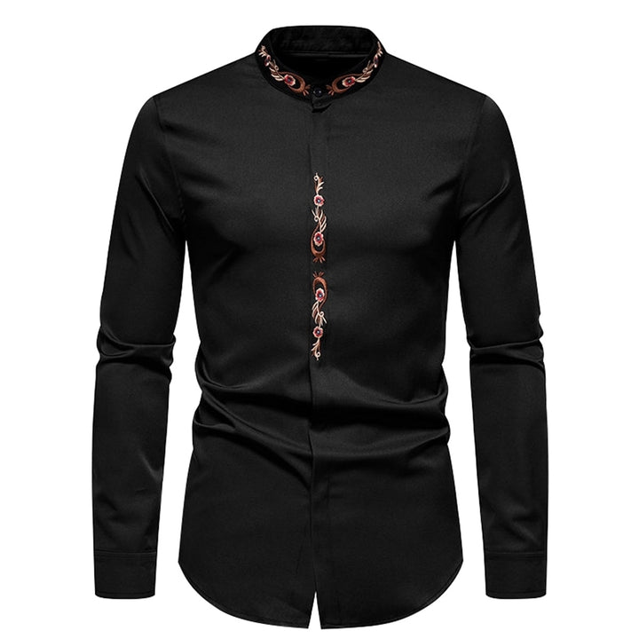 Men Shirt Vintage Floral Embroidered Tops Stand Collar Men Long Sleeve Button Up Shirts Spring Regular Fit Blouses Image 4