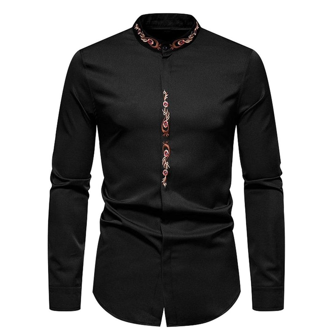 Men Shirt Vintage Floral Embroidered Tops Stand Collar Men Long Sleeve Button Up Shirts Spring Regular Fit Blouses Image 1
