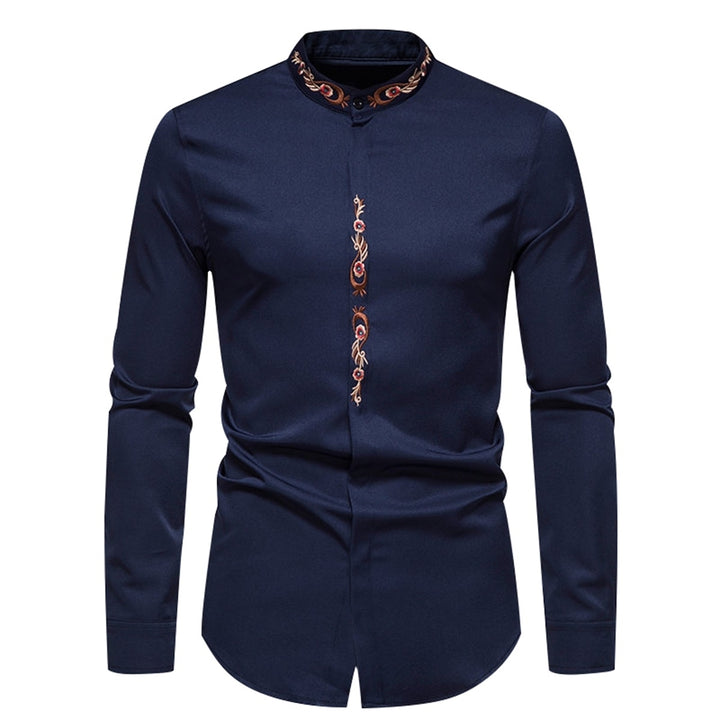 Men Shirt Vintage Floral Embroidered Tops Stand Collar Men Long Sleeve Button Up Shirts Spring Regular Fit Blouses Image 1