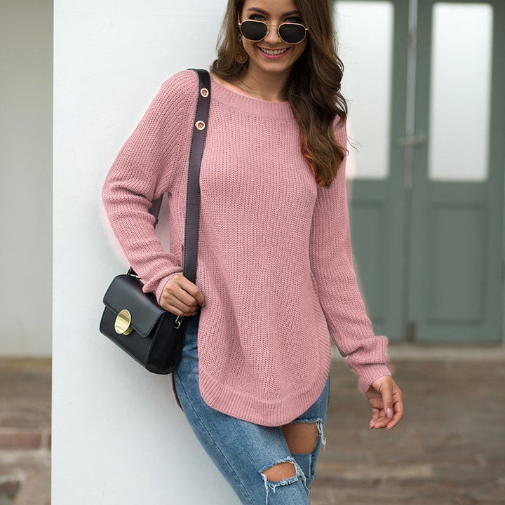 Split Hem Round Neck Long-sleeved Pullover Sweater Image 1