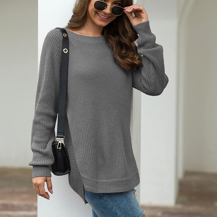 Split Hem Round Neck Long-sleeved Pullover Sweater Image 1