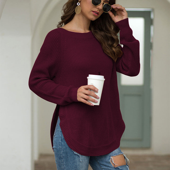 Split Hem Round Neck Long-sleeved Pullover Sweater Image 1
