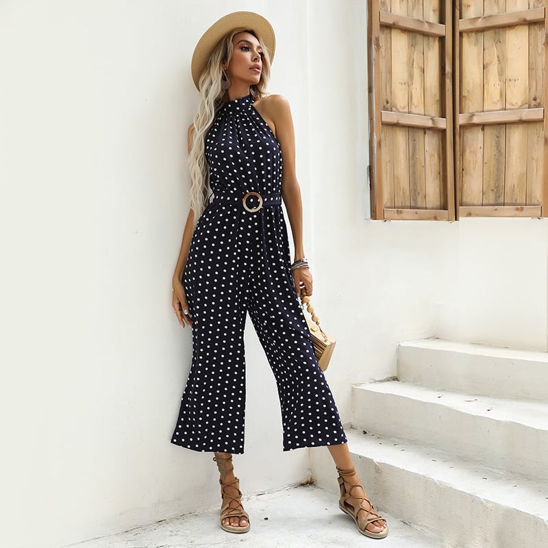 Polka Dot Print Suspender Wide Leg Black Jumpsuit Image 1