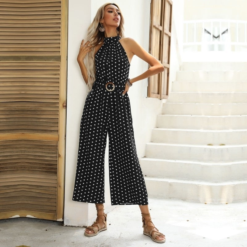 Polka Dot Print Suspender Wide Leg Black Jumpsuit Image 1