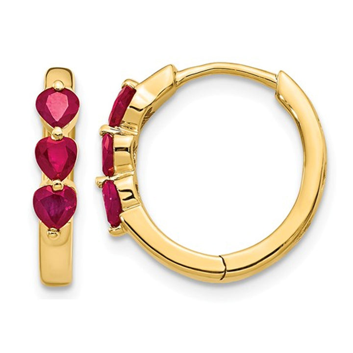 4/5 Carat (ctw) Ruby Heart Hoop Earrings in 14K Yellow Gold Image 1