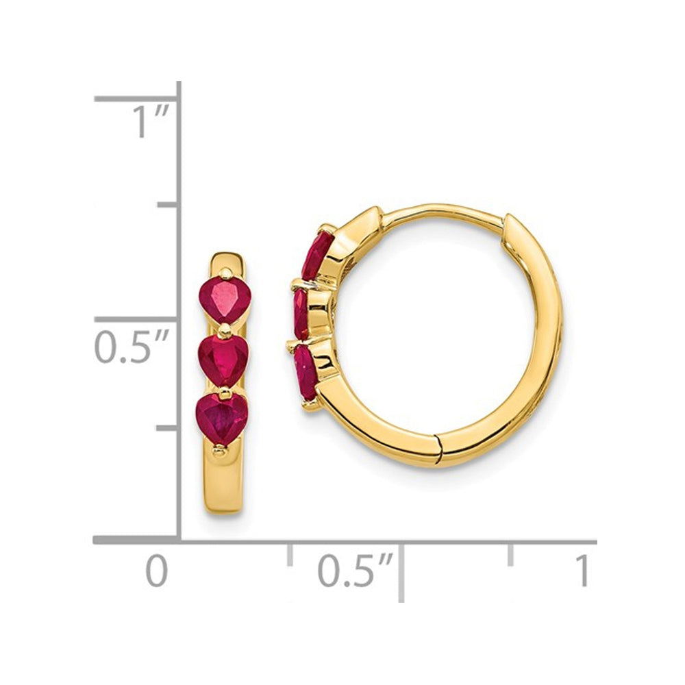 4/5 Carat (ctw) Ruby Heart Hoop Earrings in 14K Yellow Gold Image 2