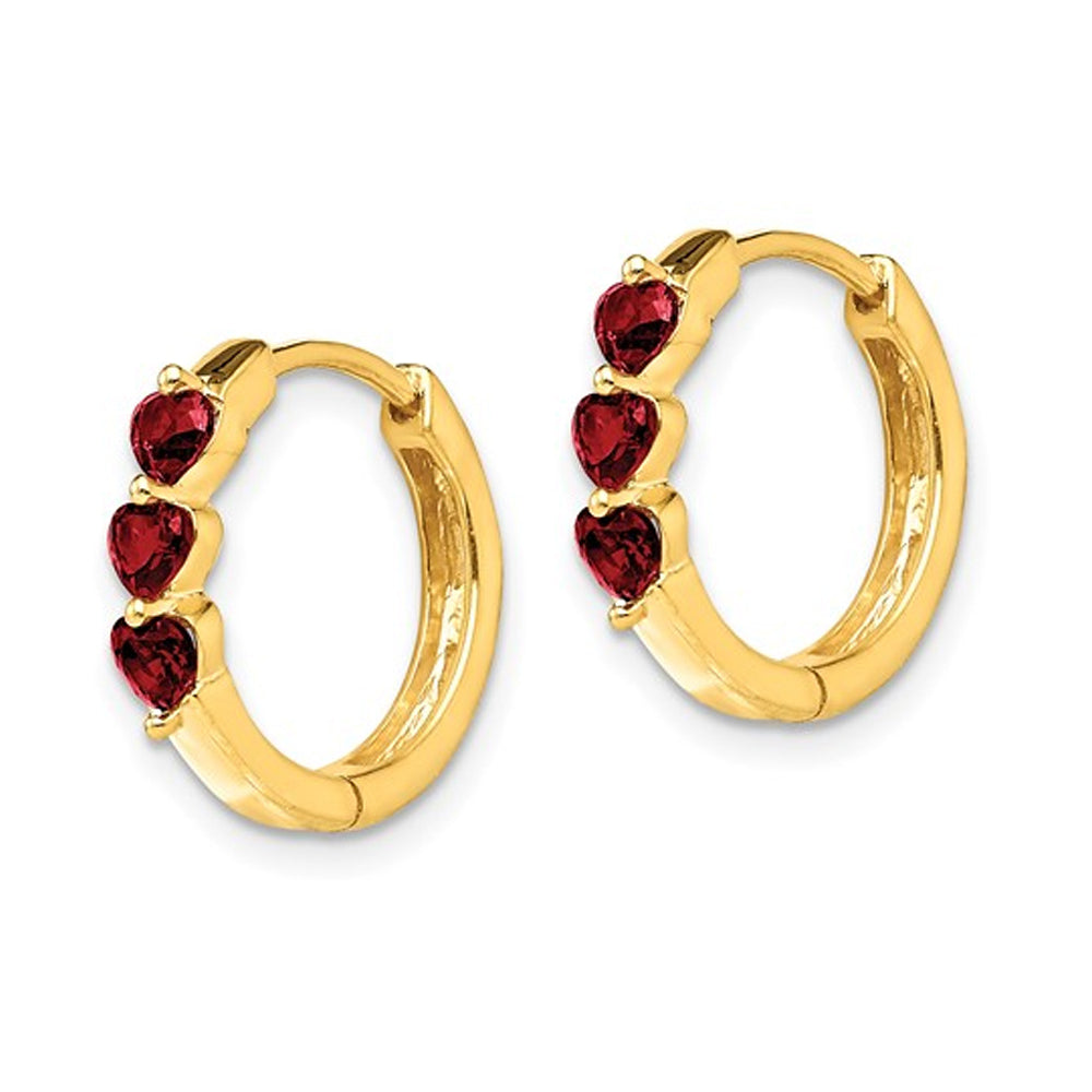 4/5 Carat (ctw) Ruby Heart Hoop Earrings in 14K Yellow Gold Image 4