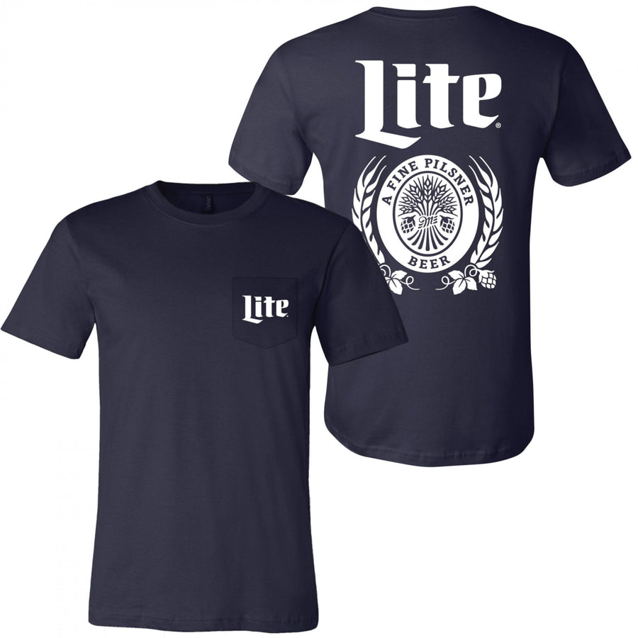 Miller Lite Beer Front and Back Navy and White Logo Print Pocket T-Shirt Image 1