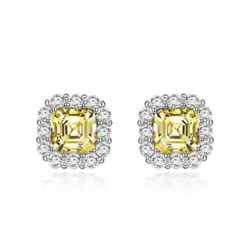 Paris Jewelry 24k White Gold 3Ct Cushion Cut Created Yellow Sapphire CZ Halo Stud Earrings Plated Image 1