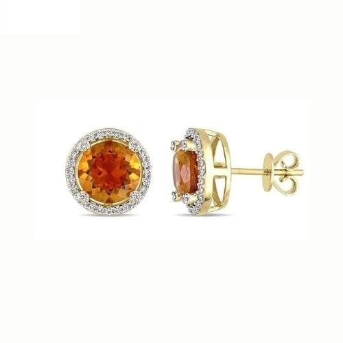 18K Yellow Gold Plated Halo Created Champagne Sapphire CZ Round 3CT CZ Stud Earrings Image 1