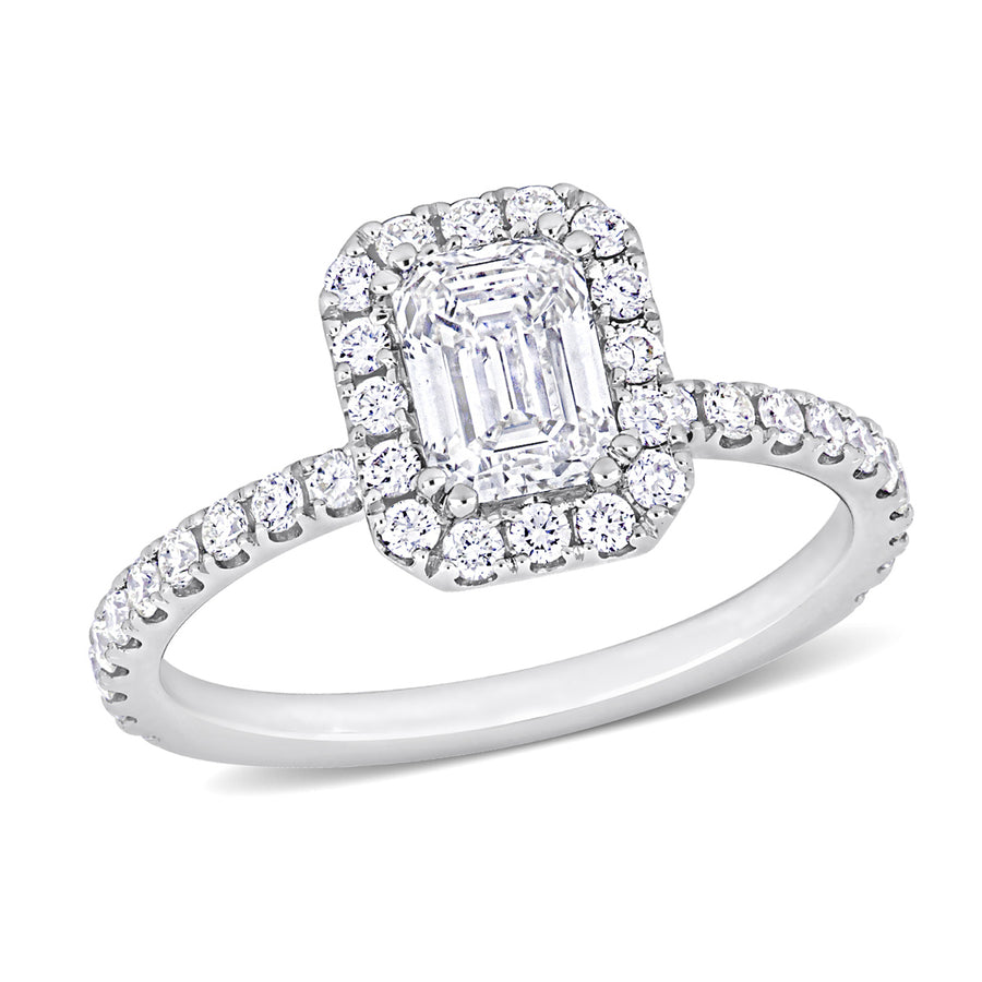 1.60 Carat (ctw VS2-Si1 K-L-M) Diamond Emerald-Cut Halo Engagement Ring in 14k White Gold Image 1