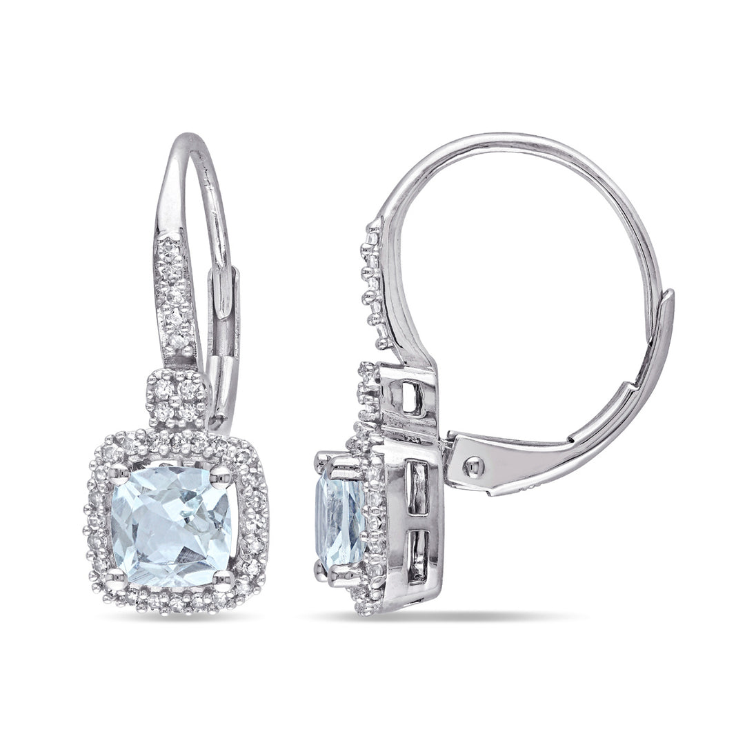 2.00 Carat (ctw) Cushion-Cut Aquamarine Dangle Earrings with Diamonds 1/5 Carat (ctw) in 10K White Gold Image 1
