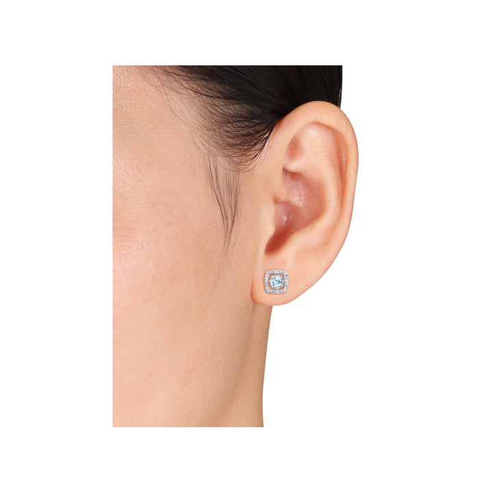 4/5 Carat (ctw) Aquamarine Halo Stud Earrings 10K White Gold with Diamonds Image 3