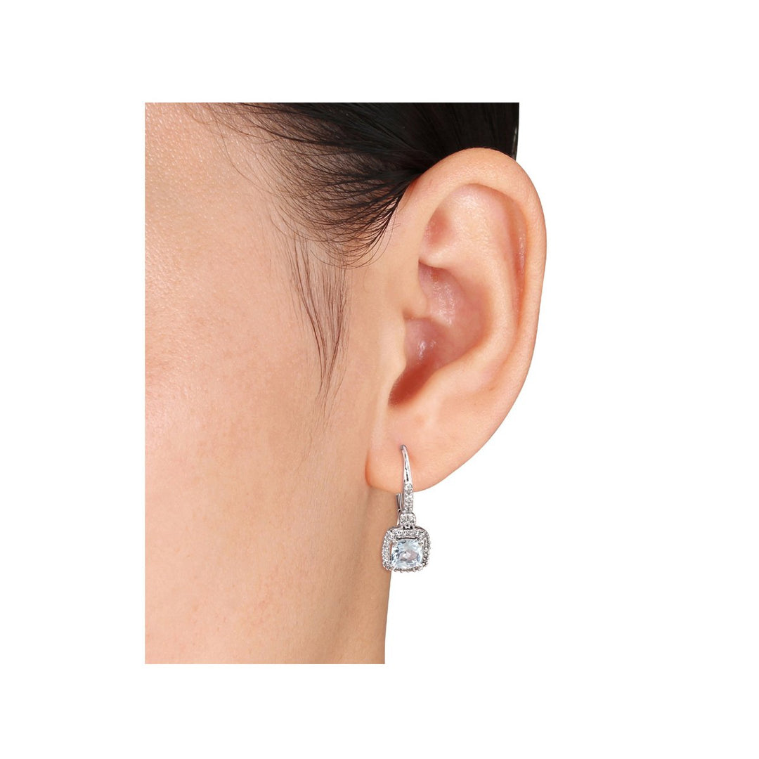 2.00 Carat (ctw) Cushion-Cut Aquamarine Dangle Earrings with Diamonds 1/5 Carat (ctw) in 10K White Gold Image 2