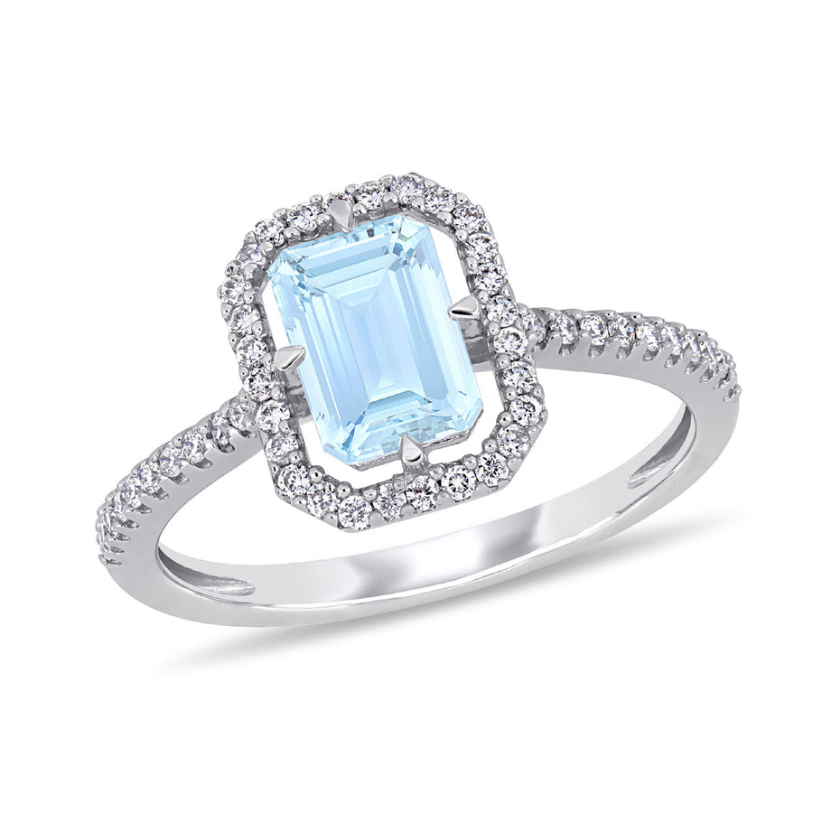 9/10 Carat (ctw) Aquamarine Halo Ring with Diamonds in 14K White Gold Image 1