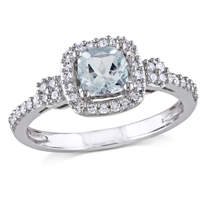 7/10 Carat (ctw) Light Aquamarine Ring with Diamond Halo in 10K White Gold Image 1