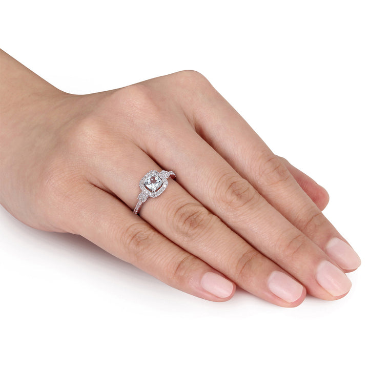 7/10 Carat (ctw) Light Aquamarine Ring with Diamond Halo in 10K White Gold Image 3