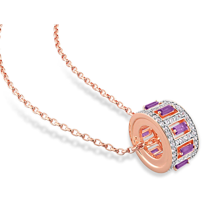 2.14 Carat (ctw) African Amethyst and White Topaz Spinner Pendant Necklace in Rose Plated Sterling Silver with Chain Image 4