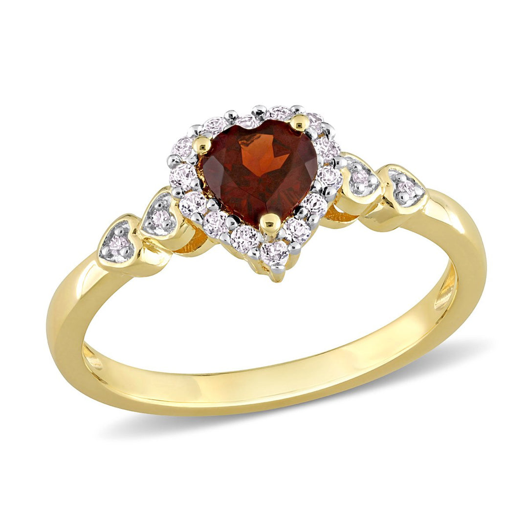 1/2 Carat (ctw) Garnet Heart Ring in Yellow Plated Silver with White Topaz Image 1