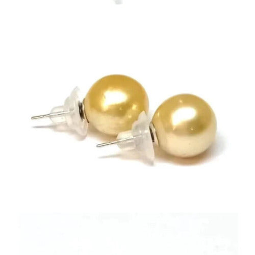 10K White Gold Plated 10 Mm Yellow Pearl Round Stud Earrings Image 1