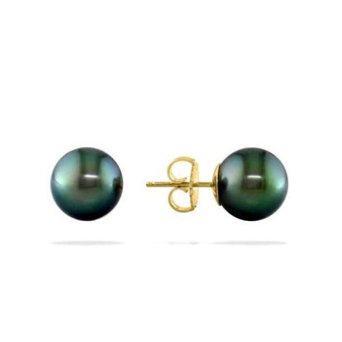 10K Yellow Gold Plated 10 Mm Created Black Pearl CZ Round Stud Earrings Image 1
