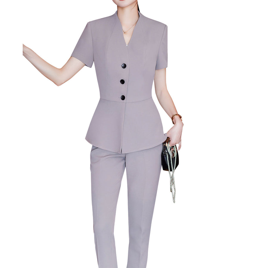 2 Pieces Women Suit Summer Short Sleeve Blazer Set Business Slim Fit Solid Color Single Breasted V Neck Blazer + Pant Image 1