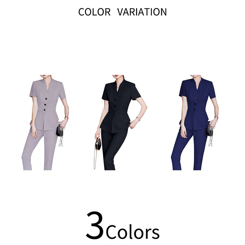 2 Pieces Women Suit Summer Short Sleeve Blazer Set Business Slim Fit Solid Color Single Breasted V Neck Blazer + Pant Image 2