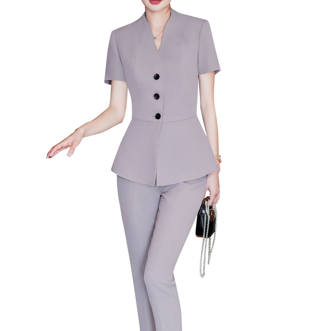 2 Pieces Women Suit Summer Short Sleeve Blazer Set Business Slim Fit Solid Color Single Breasted V Neck Blazer + Pant Image 3
